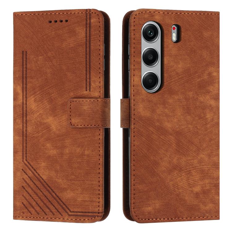 Brown flip phone case with faux leather texture, stitched edges, card slot and camera cutout