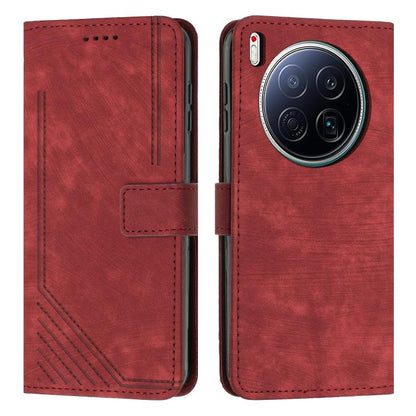 Red flip phone case with faux leather texture, stitched edges, card slot and cutouts