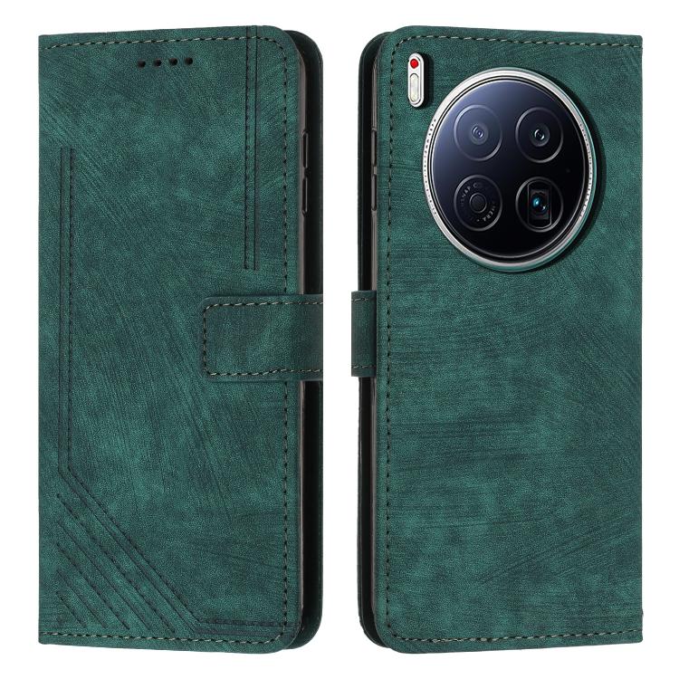 Green flip phone case with faux leather texture, stitched edges, card slot and cutouts