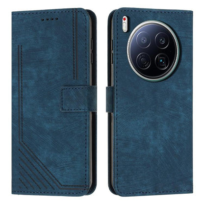 Blue flip phone case with faux leather texture, stitched edges, card slot and cutouts