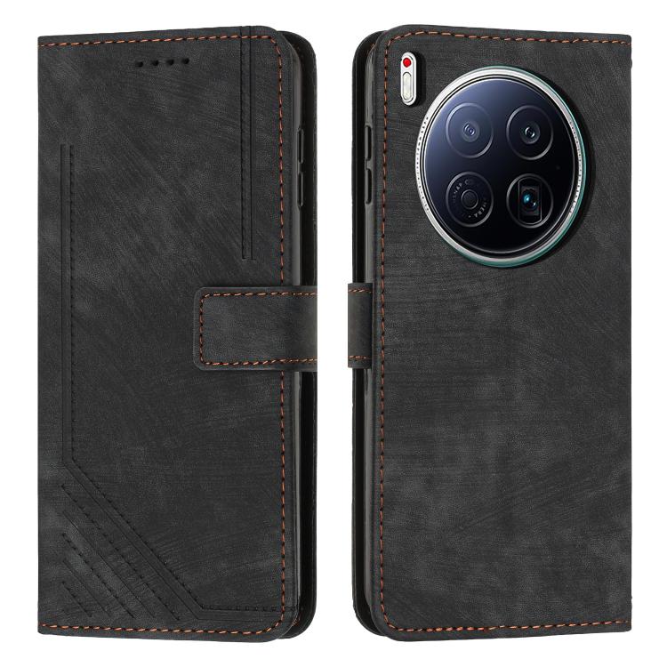 Black flip phone case with faux leather texture, stitched edges, card slot and camera cutout