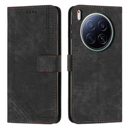 Black flip phone case with faux leather texture, stitched edges, card slot and camera cutout
