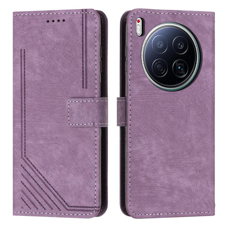 Purple flip phone case with faux leather texture, stitched edges, card slot and camera cutout