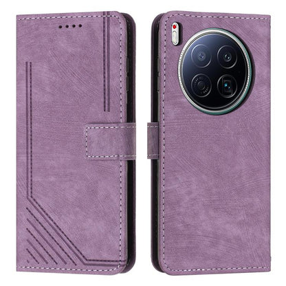 Purple flip phone case with faux leather texture, stitched edges, card slot and camera cutout