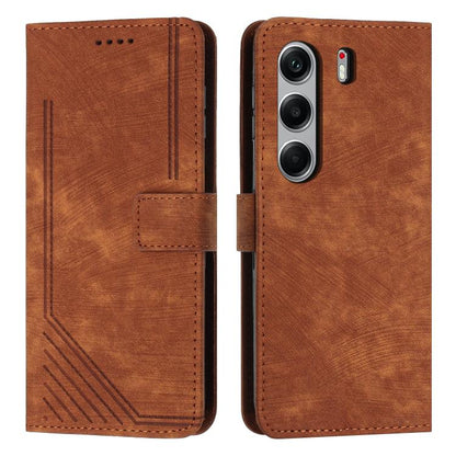 Brown leather wallet phone case with diagonal stripe texture, card slot, and flip cover