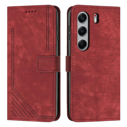 Red leather wallet phone case with diagonal stripe texture, card slot, and flip cover