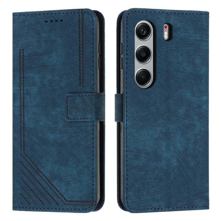 Blue leather wallet phone case with diagonal stripe texture, card slot, and flip cover