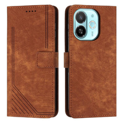 Brown leather phone case with stripe texture, flip cover, and camera cutout