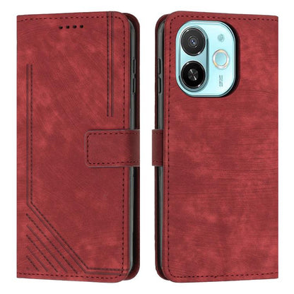Red leather phone case with stripe texture, flip cover, and camera cutout