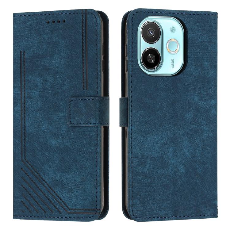 Blue leather phone case with stripe texture, flip cover, and camera cutout