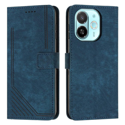 Blue leather phone case with stripe texture, flip cover, and camera cutout