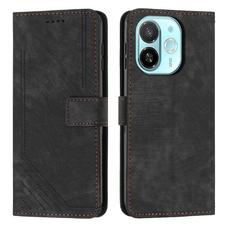 Black leather phone case with stripe texture, flip cover, and camera cutout