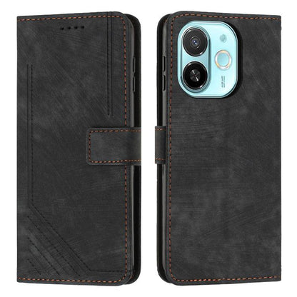 Black leather phone case with stripe texture, flip cover, and camera cutout