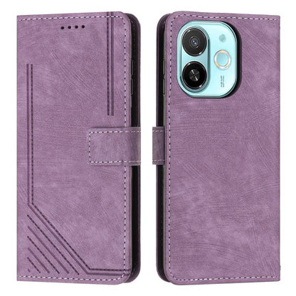 Purple leather phone case with stripe texture, flip cover, and camera cutout