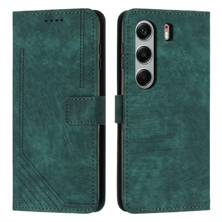 Green leather folio phone case with stripe pattern, side cutouts, and stitching