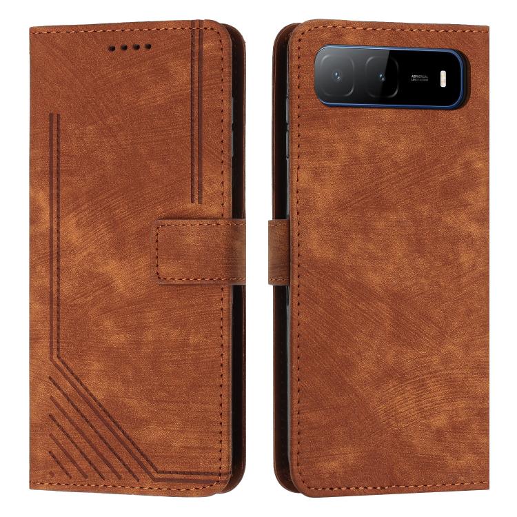 Brown leather flip phone case with stripe pattern, card slot, and stitched edges.