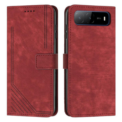 Red leather flip phone case with stripe pattern, card slot, and stitched edges.