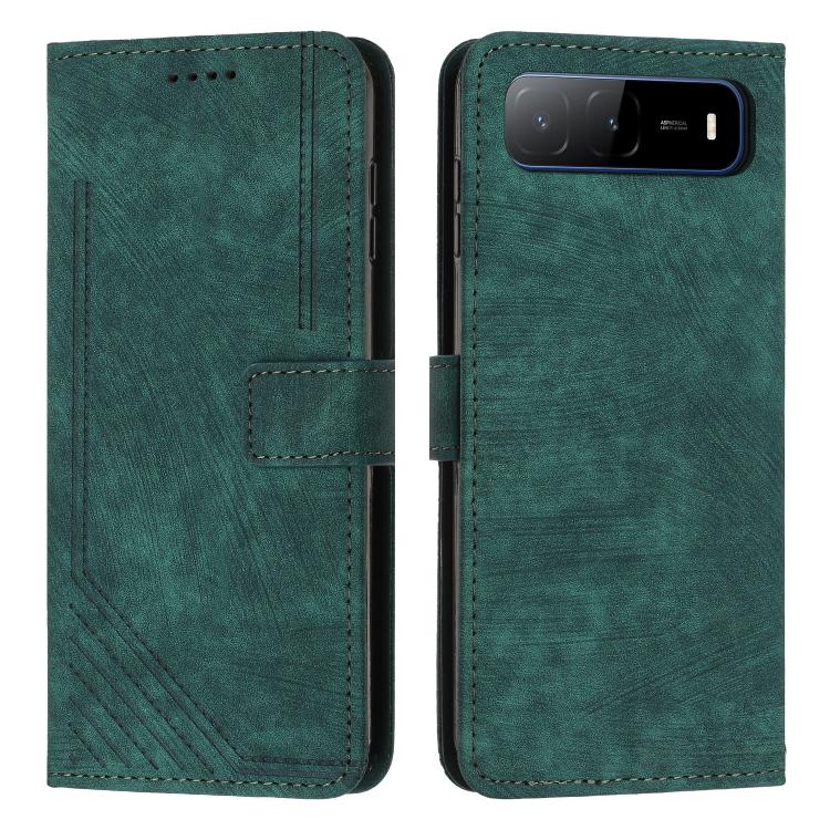 Green leather flip phone case with stripe pattern, card slot, and stitched edges.