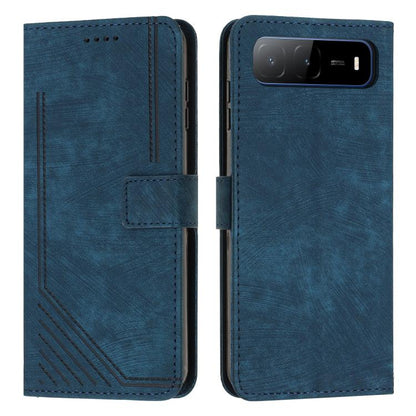Blue leather flip phone case with stripe pattern, card slot, and stitched edges.
