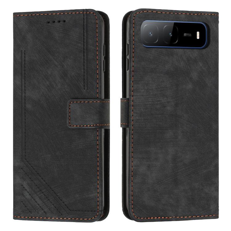 Black leather flip phone case with stripe pattern, card slot, and stitched edges.