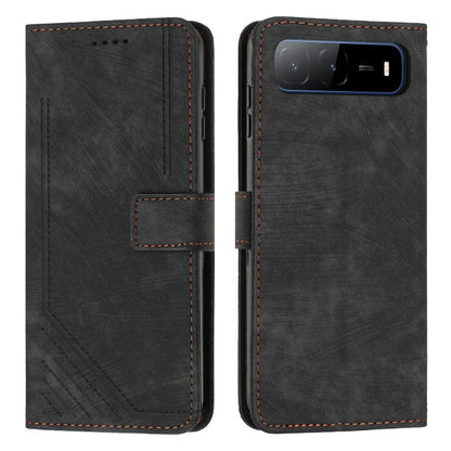 Black leather flip phone case with stripe pattern, card slot, and stitched edges.