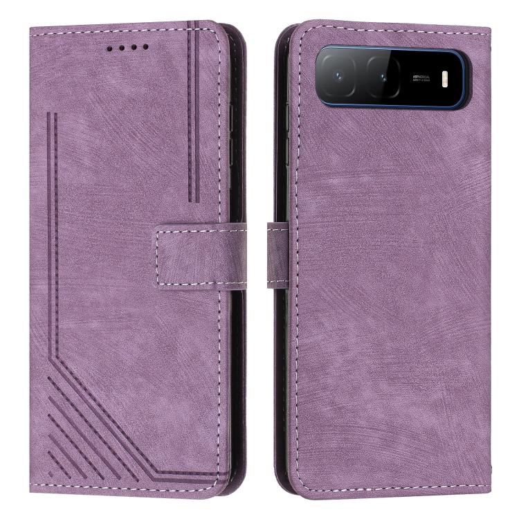 Purple leather flip phone case with stripe pattern, card slot, and stitched edges.