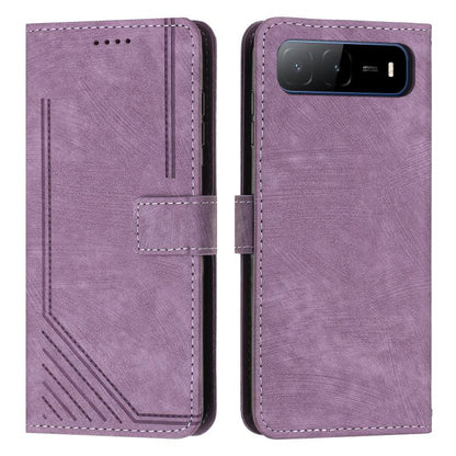 Purple leather flip phone case with stripe pattern, card slot, and stitched edges.
