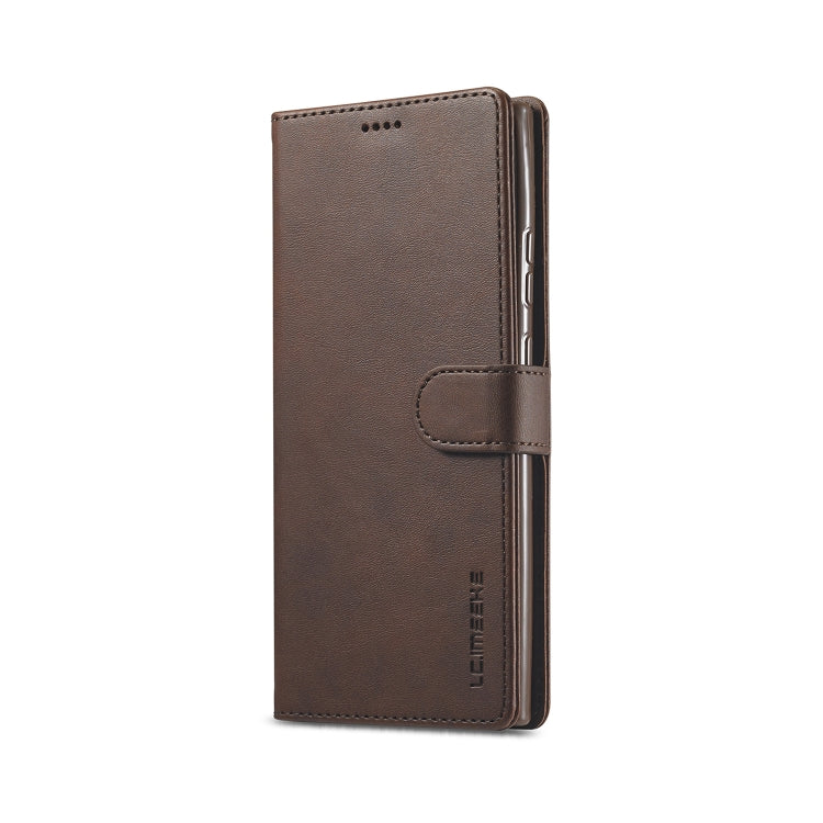 Brown leather wallet flip case with side strap and card-holder panel