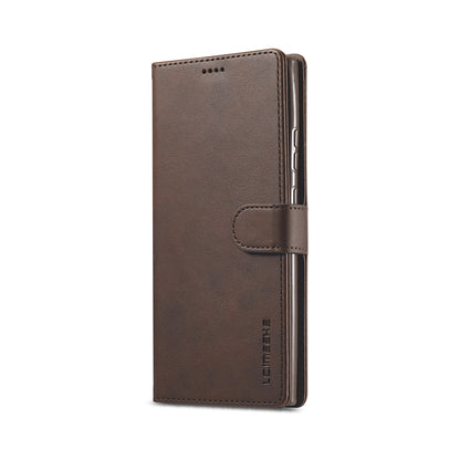 Brown leather wallet flip case with side strap and card-holder panel