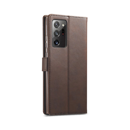Brown leather flip phone case with camera cutout and fold-over front