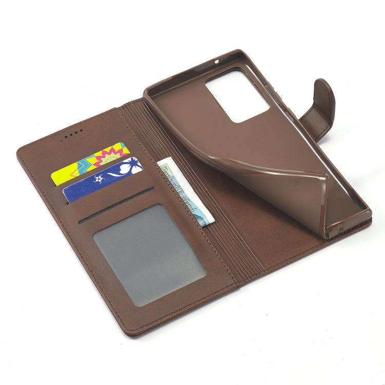 Brown leather flip case open view with card slots and phone holder