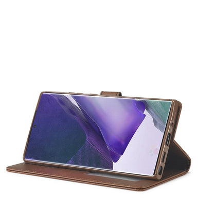 Brown leather flip case standing view with screen window and flip cover