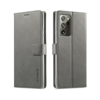 Textured leather flip phone case with card slots, holder, and magnetic closure, gray