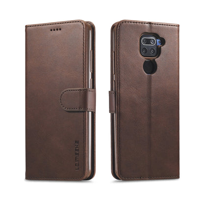 Textured leather flip phone case with card slots and holder, magnetic closure, brown