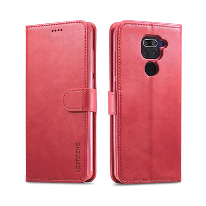 Textured leather flip phone case with card slots and holder, magnetic closure, red-pink