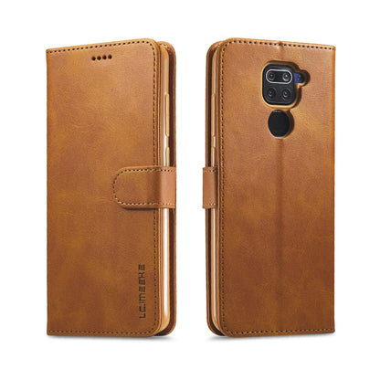 Textured leather flip phone case with card slots and holder, magnetic closure, tan