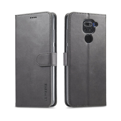 Gray textured flip leather phone case with card holder and magnetic closure