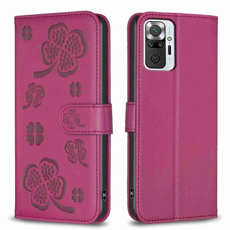 Rose red four-leaf embossed leather phone case with flip strap and cutouts