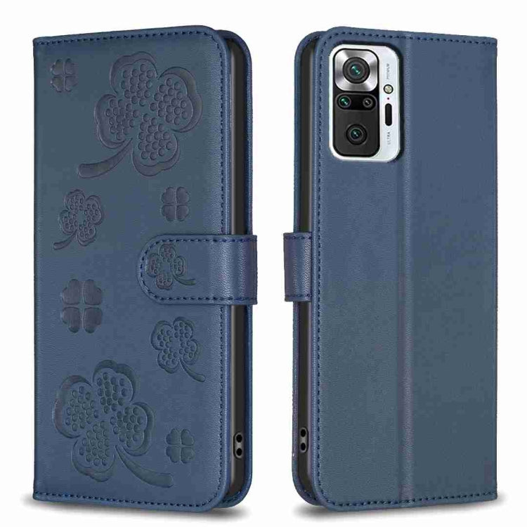 Blue four-leaf embossed leather phone case with flip strap and camera cutout