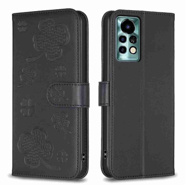 Black four-leaf embossed leather phone case, folio strap, camera cutout.
