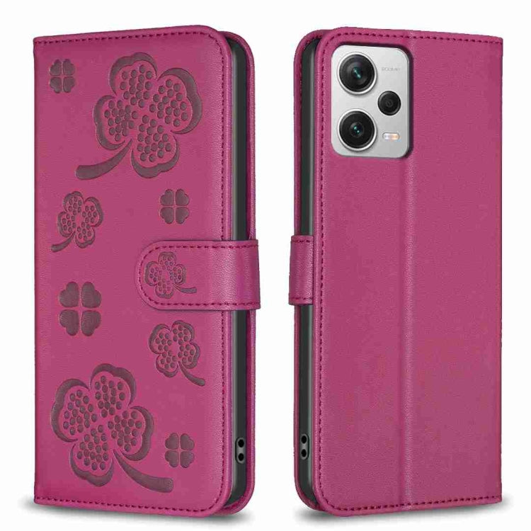 Rose red embossed four-leaf clover leather phone case with flip cover
