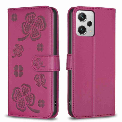 Rose red embossed four-leaf clover leather phone case with flip cover