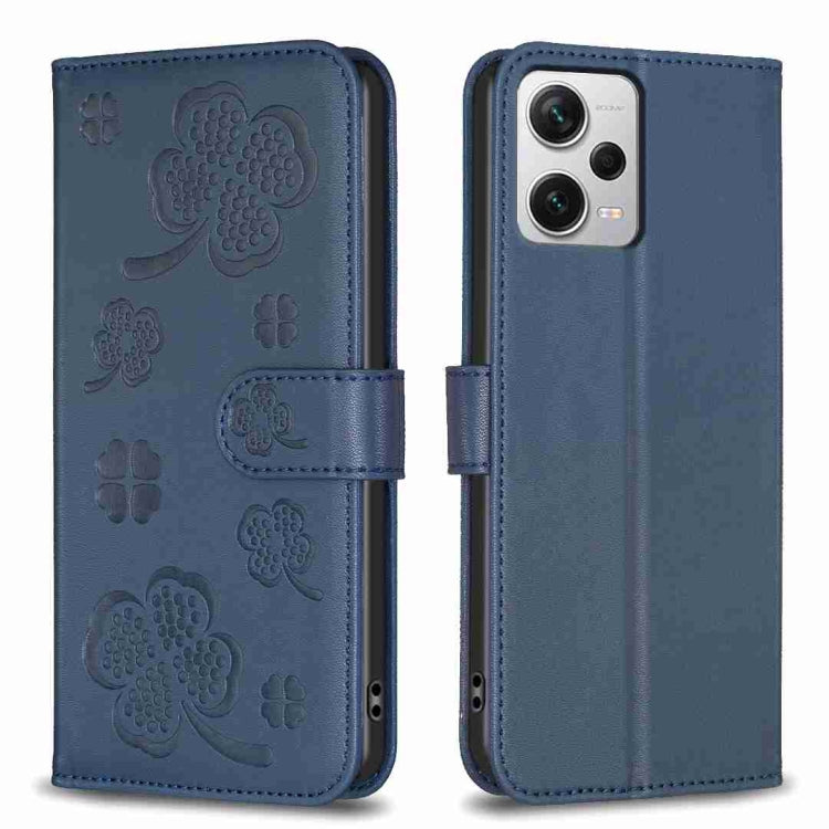 Blue embossed four-leaf clover leather phone case with flip cover and side cutouts