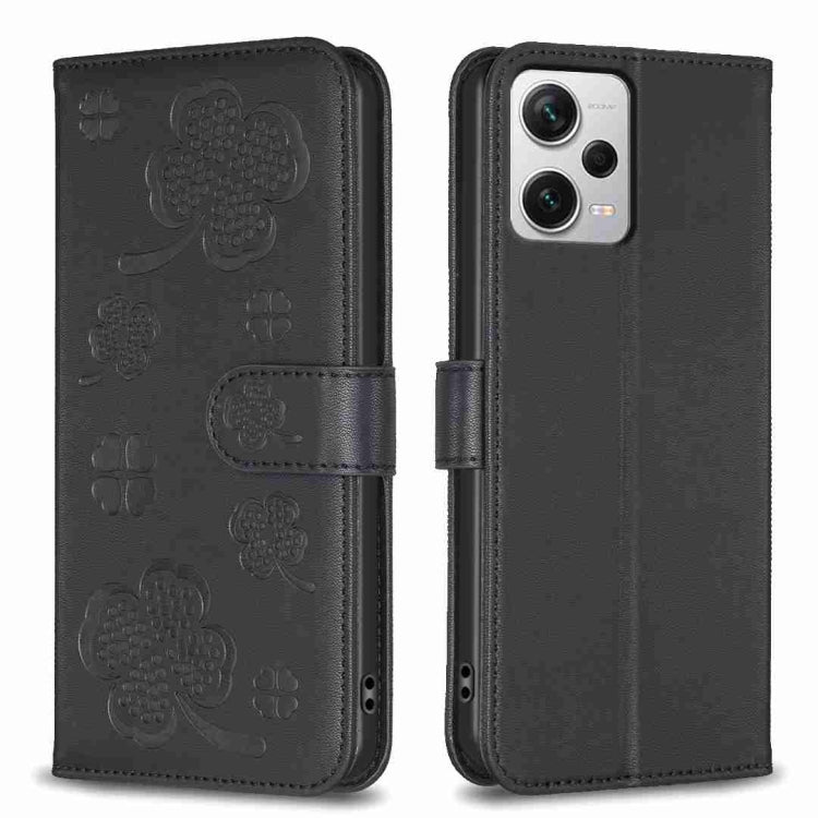 Dark embossed four-leaf clover leather phone case with flip cover for smartphone