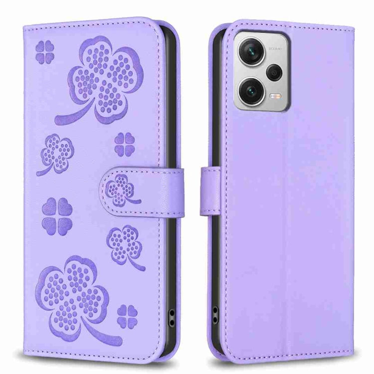 Lavender embossed four-leaf clover leather phone case with flip cover