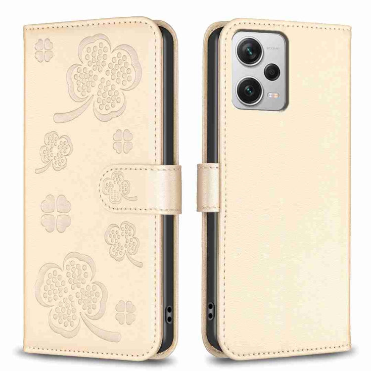 Cream embossed four-leaf clover leather phone case with flip cover