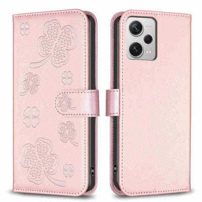 Light pink embossed four-leaf clover leather phone case with flip cover