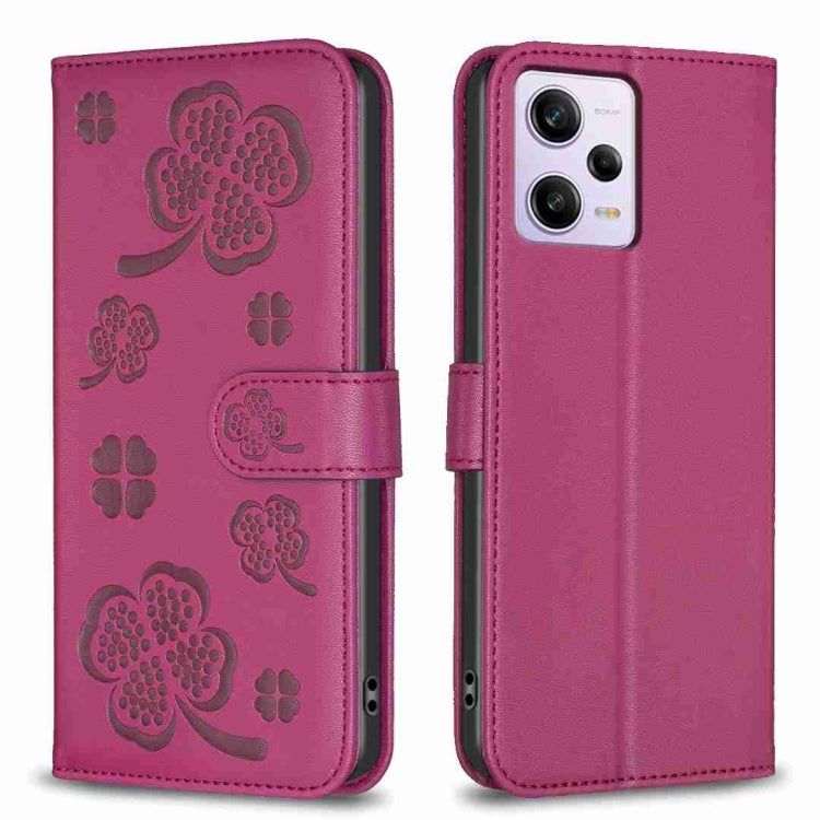 Rose red embossed floral four-leaf clover leather phone case with flip cover
