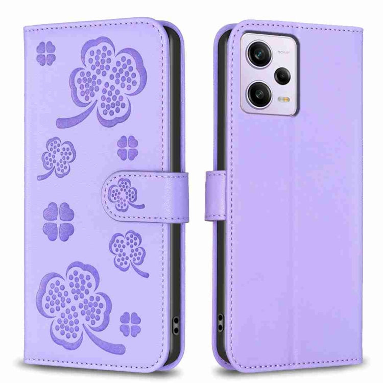 Lavender embossed floral four-leaf clover leather phone case with flip cover