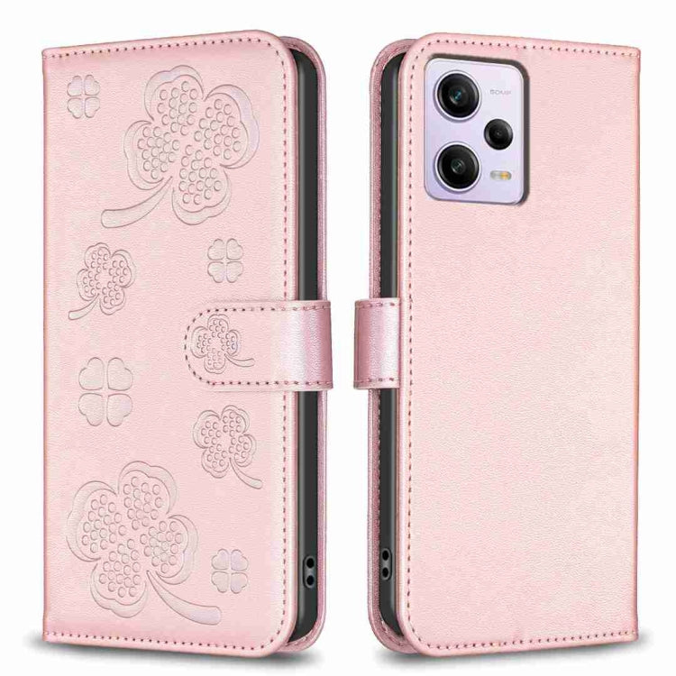 Four-leaf embossed leather phone case, pink folio flip with matching side strap